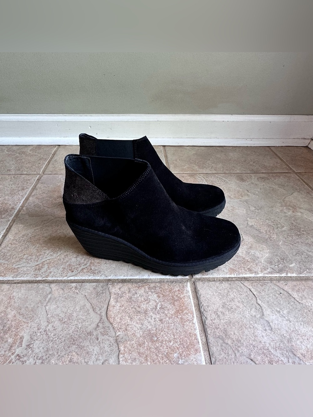 Fly London Boots Yego Suede Ankle Wedge Bootie Black Pewter